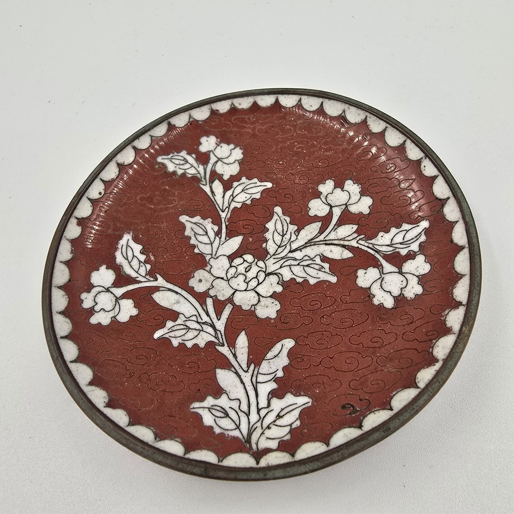 Antique Chinese Export Cloisonné Plate 4" Clouds 1910-1940 Red White Floral